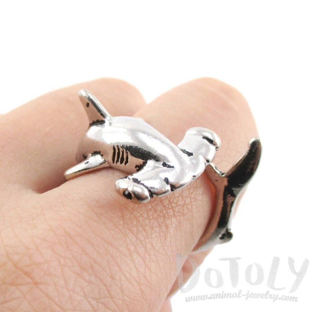 Hammerhead Shark Sea Creatures Shaped Wrap Around Ring in Shiny Silver | Size 5 to 9 | DOTOLY