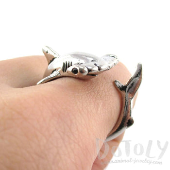 Hammerhead Shark Sea Creatures Shaped Wrap Around Ring in Shiny Silver | Size 5 to 9 | DOTOLY