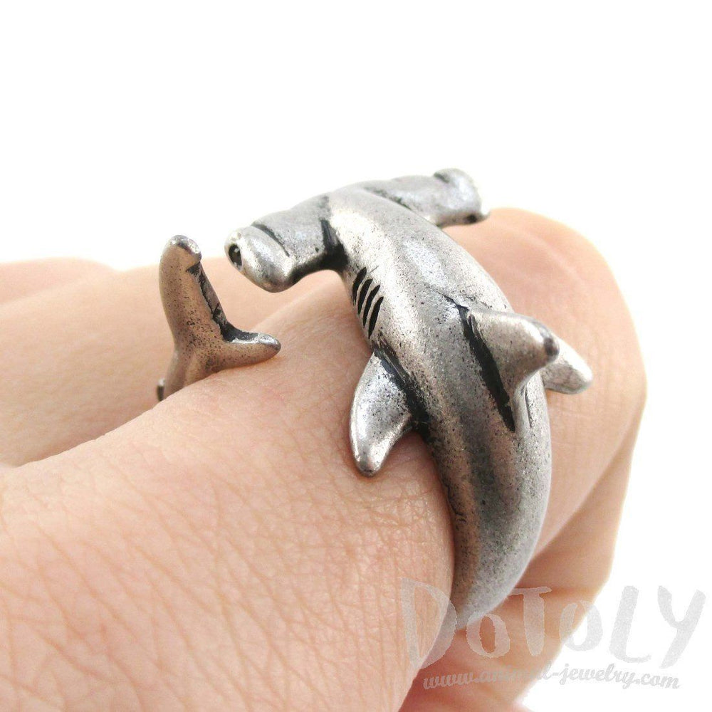 Hammerhead Shark Sea Creatures Shaped Wrap Around Ring in Silver | Size 5 to 9 | DOTOLY