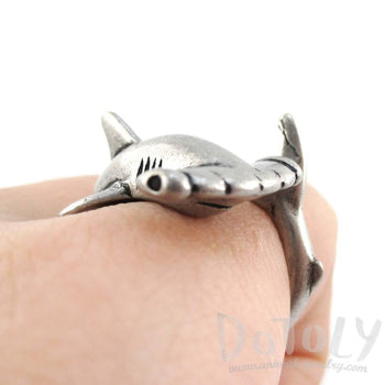 Hammerhead Shark Sea Creatures Shaped Wrap Around Ring in Silver | Size 5 to 9 | DOTOLY