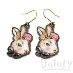 Hand Drawn Illustrated Bunny Rabbit Hare Shaped Dangle Earrings with Floral Details | DOTOLY