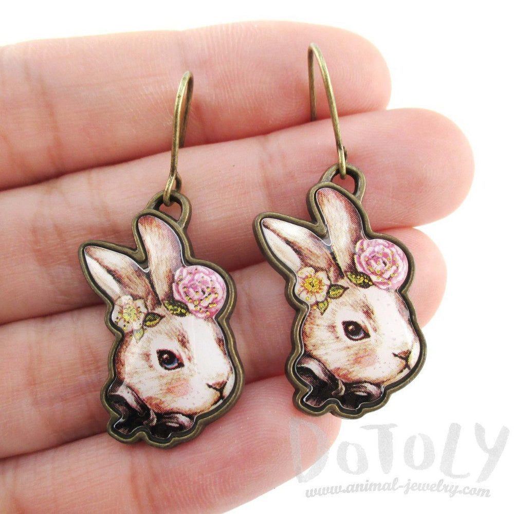 Hand Drawn Illustrated Bunny Rabbit Hare Shaped Dangle Earrings with Floral Details | DOTOLY