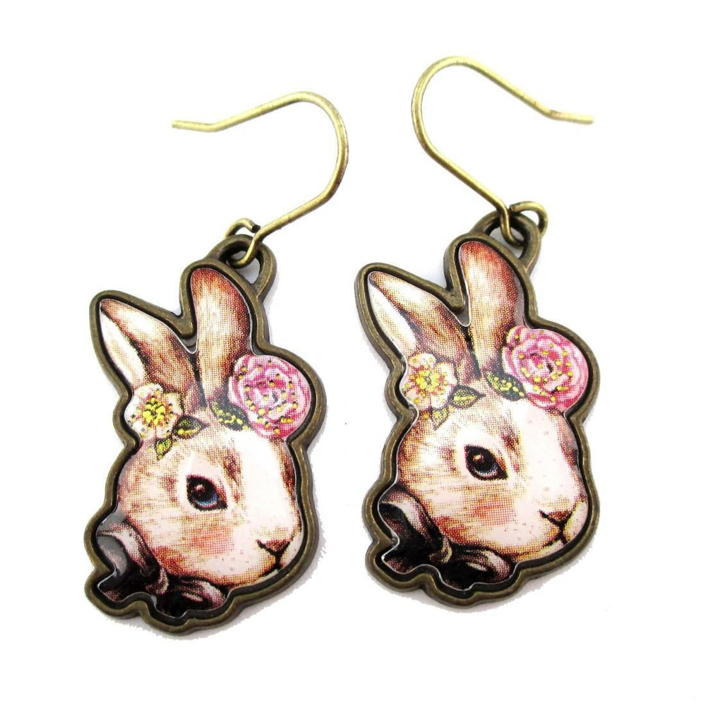 Hand Drawn Illustrated Bunny Rabbit Hare Shaped Dangle Earrings with Floral Details | DOTOLY