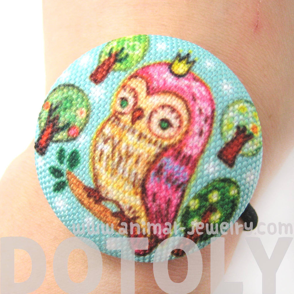 Hand Drawn Owl on a Branch Animal Button Hair Tie Pony Tail Holder | DOTOLY