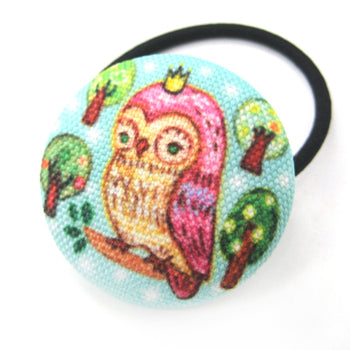 Hand Drawn Owl on a Branch Animal Button Hair Tie Pony Tail Holder | DOTOLY