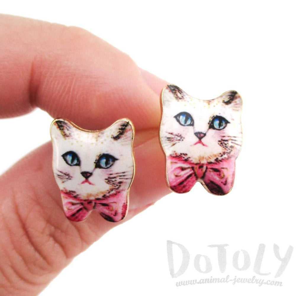 Hand Drawn White Kitty Cat with Pink Bows Shaped Stud Earrings | Animal Jewelry | DOTOLY