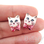 Hand Drawn White Kitty Cat with Pink Bows Shaped Stud Earrings | Animal Jewelry | DOTOLY