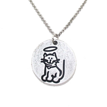 Hand Stamped Kitty Cat Angel Pendant Necklace in Silver | Animal Jewelry | DOTOLY
