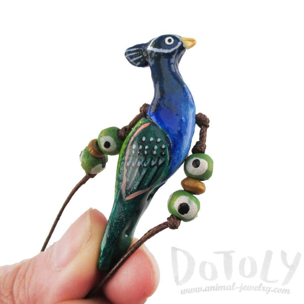 Handmade Blue Peacock Bird Shaped Hand Painted Whistle Pendant Necklace | DOTOLY | DOTOLY