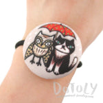 Handmade Kitty Cat and Owl Patterned Button Hair Tie Ponytail Holder