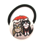 Handmade Kitty Cat and Owl Patterned Button Hair Tie Ponytail Holder