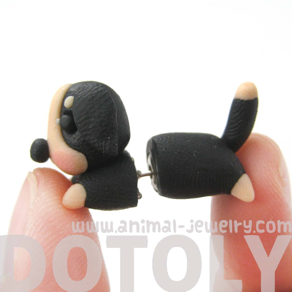 Handmade Puppy Dog Animal Fake Gauge Polymer Clay Stud Earring in Black and Tan | DOTOLY