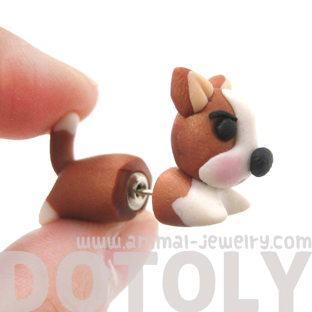 Brown and White Puppy Dog Shaped Polymer Clay Gauge Stud Earring