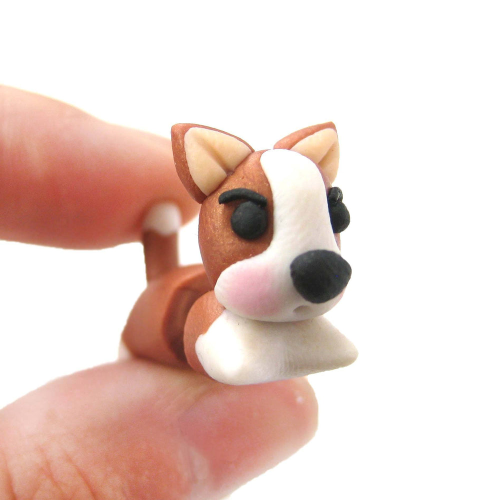 Handmade Puppy Dog Animal Fake Gauge Polymer Clay Stud Earring in Brown and White | DOTOLY