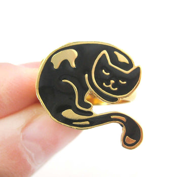 Handmade Sleeping Kitty Cat Shaped Animal Adjustable Ring in Black | Limited Edition | DOTOLY