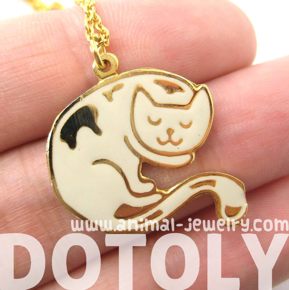 Handmade Sleeping Kitty Cat Shaped Animal Pendant Necklace in White | Limited Edition | DOTOLY