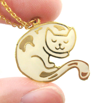 Handmade Sleeping Kitty Cat Shaped Animal Pendant Necklace in White | Limited Edition | DOTOLY