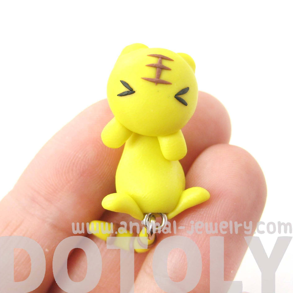 Handmade Yellow Tiger Cat Animal Fake Gauge Two Part Polymer Clay Stud Earring | DOTOLY