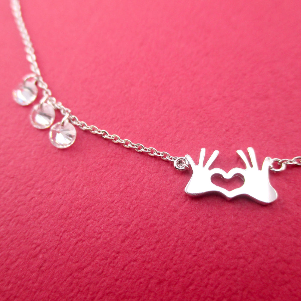 Hands Forming A Heart Shaped Rhinestone Love Pendant Necklace in Silver