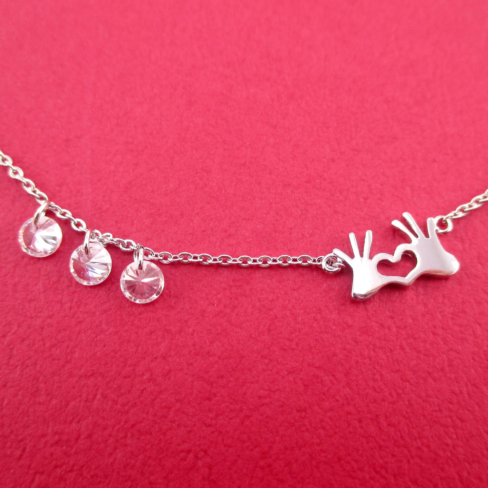 Hands Forming A Heart Shaped Rhinestone Love Pendant Necklace in Silver