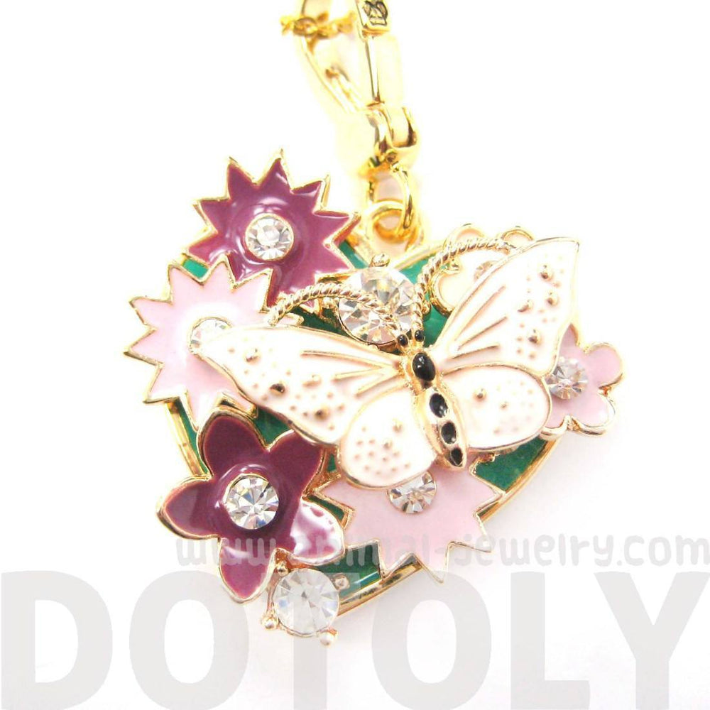 Heart Shaped Floral and Butterfly Pendant Necklace with Rhinestones | Limited Edition | DOTOLY