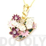 Heart Shaped Floral and Butterfly Pendant Necklace with Rhinestones | Limited Edition | DOTOLY