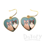 Heart Shaped Illustrated Cat Portrait Dangle Earrings | Animal Jewelry | DOTOLY