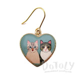 Heart Shaped Illustrated Cat Portrait Dangle Earrings | Animal Jewelry | DOTOLY