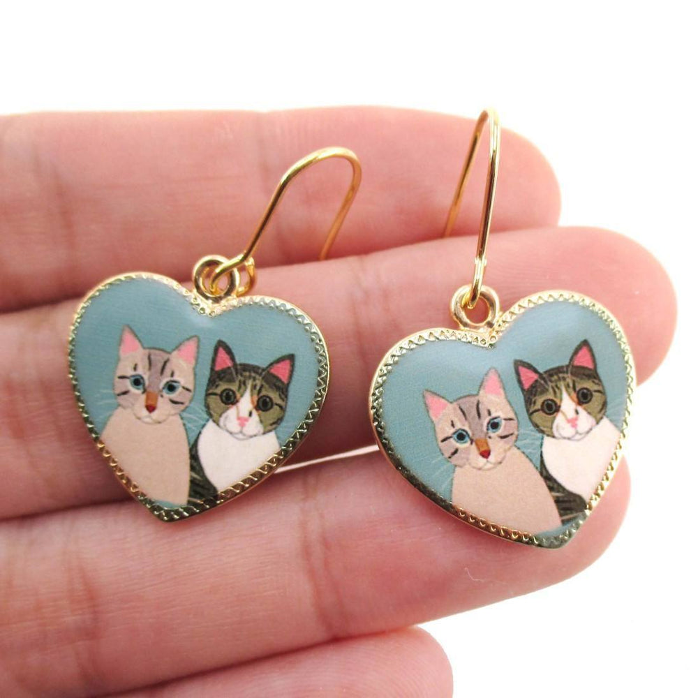 Heart Shaped Illustrated Cat Portrait Dangle Earrings | Animal Jewelry | DOTOLY