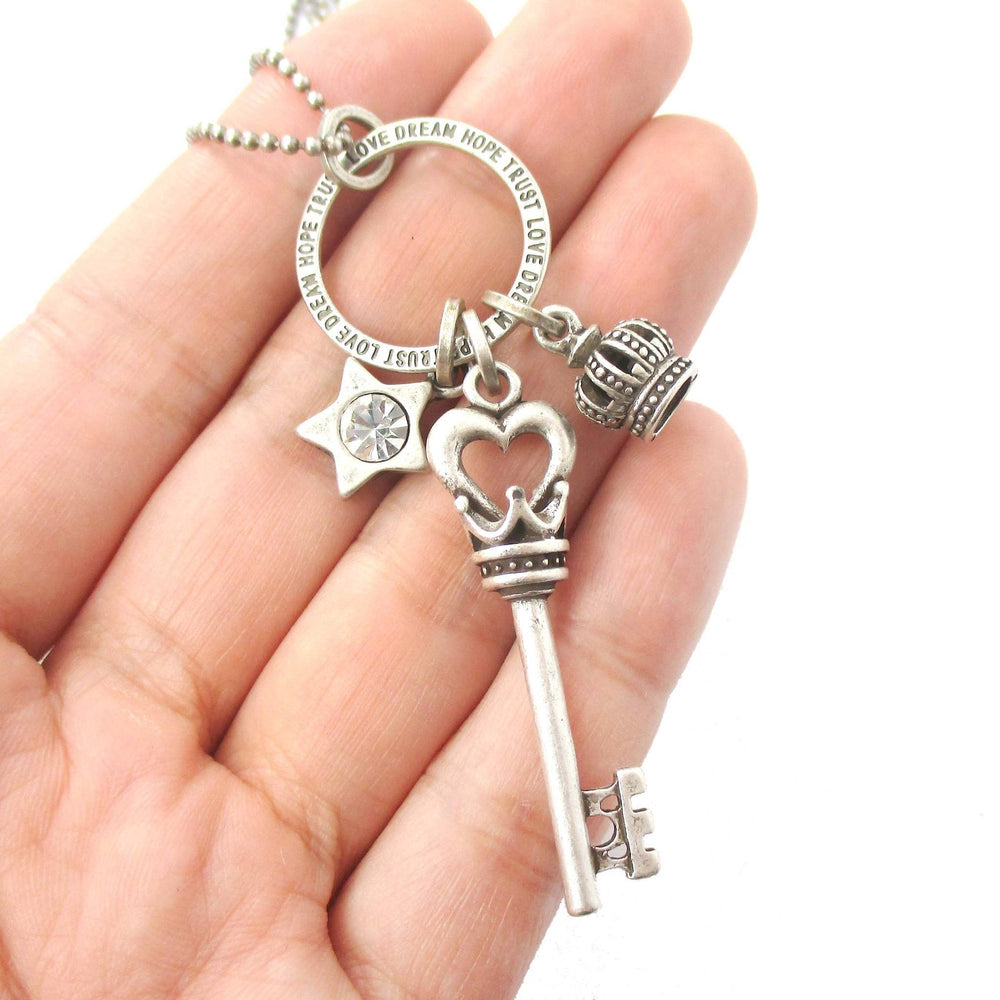 Heart Shaped Skeleton Key Crown and Star Shaped Charm Necklace in Silver | DOTOLY | DOTOLY