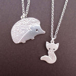 Hedgehog and Baby Fox Shaped 2 Piece Necklace Set in Silver | DOTOLY