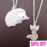 Hedgehog and Baby Fox Shaped 2 Piece Necklace Set in Silver | DOTOLY