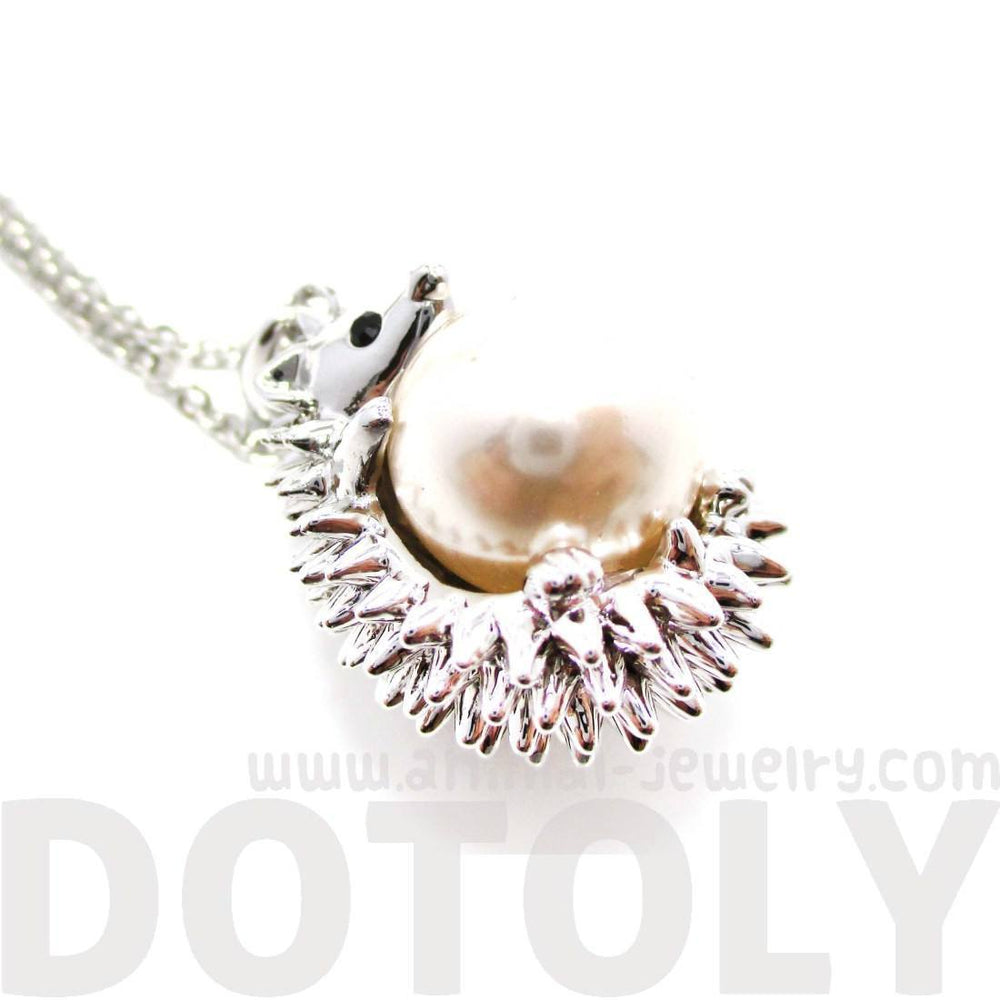 Hedgehog Porcupine Hugging a Pearl Shaped Animal Pendant Necklace in Silver | DOTOLY