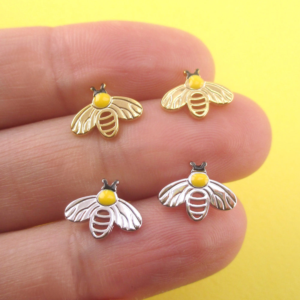 Honey Bumblebee Insect Bug Shaped Stud Earrings in Gold or Silver