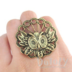 Horned Owl and Feather Medallion Shaped Adjustable Ring in Brass