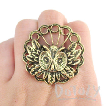 Horned Owl and Feather Medallion Shaped Adjustable Ring in Brass