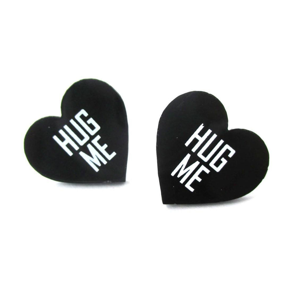 Hug Me Candy Heart Sweethearts Shaped Laser Cut Stud Earrings in Black | DOTOLY