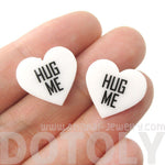 Hug Me Candy Heart Sweethearts Shaped Laser Cut Stud Earrings in White | DOTOLY