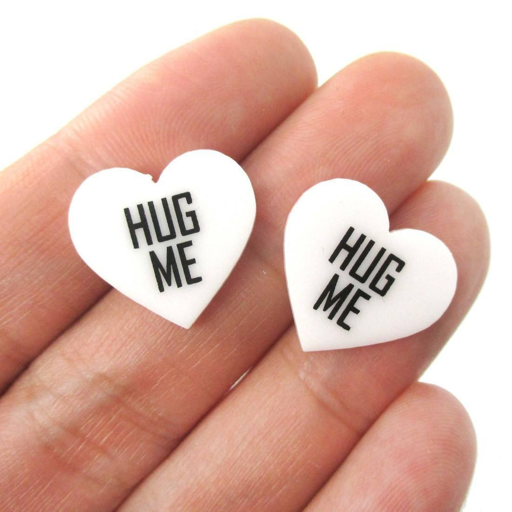 Hug Me Candy Heart Sweethearts Shaped Laser Cut Stud Earrings in White | DOTOLY