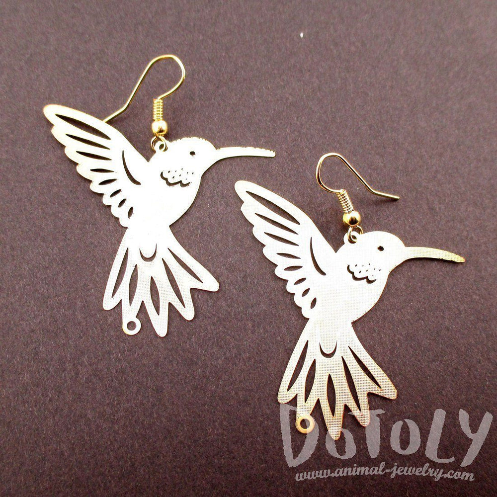 Hummingbird Silhouette Cut Out Shaped Dangle Earrings in Gold | Animal Jewelry | DOTOLY