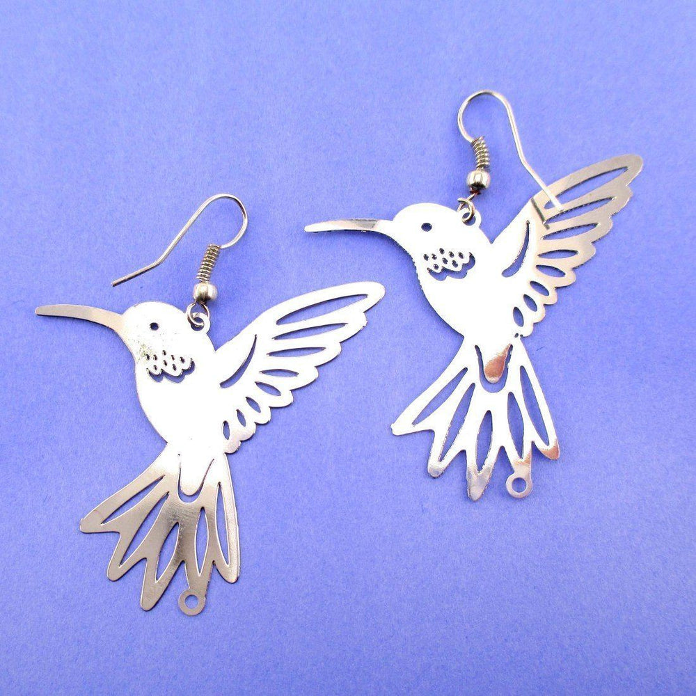 Hummingbird Silhouette Cut Out Shaped Dangle Earrings in Silver | Animal Jewelry | DOTOLY