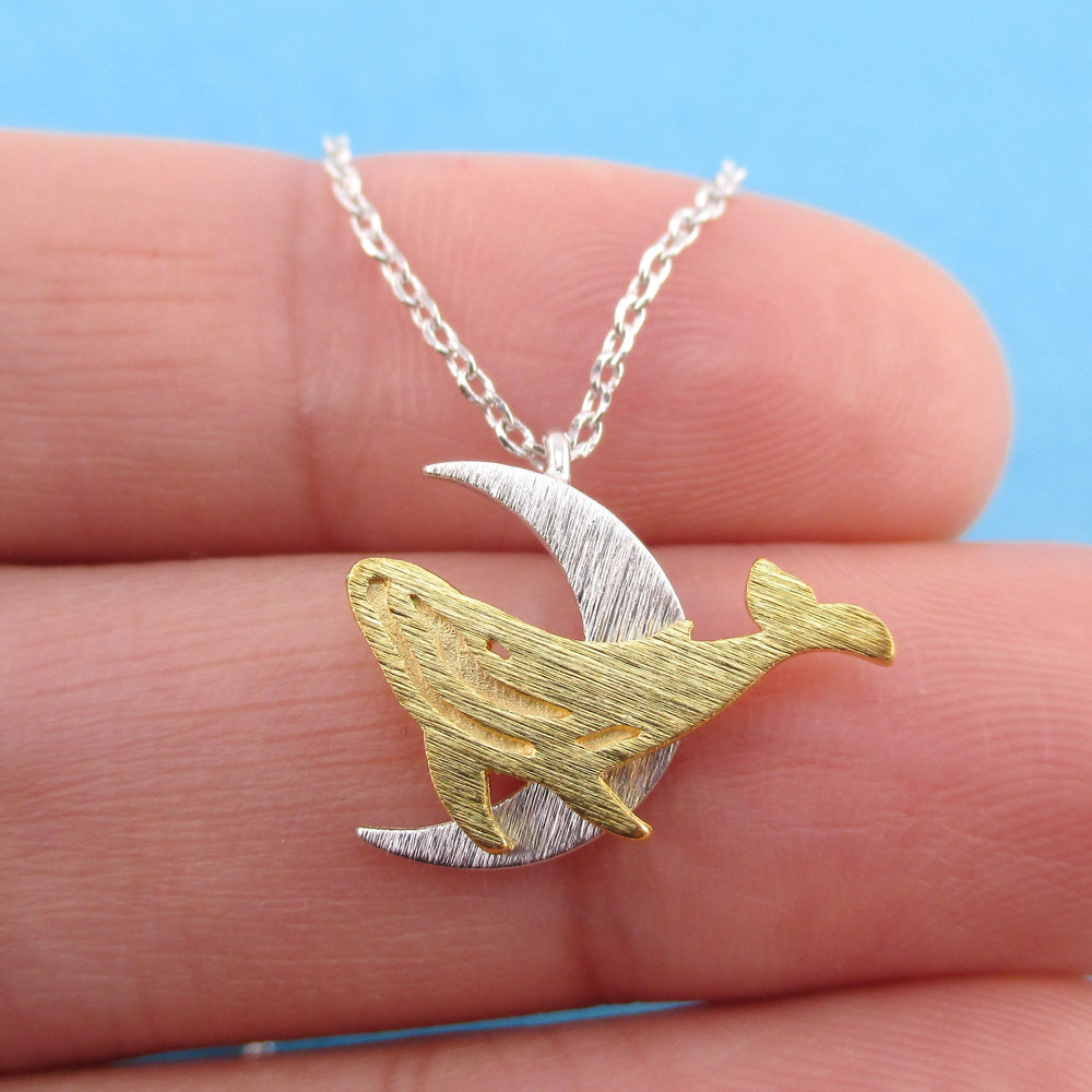Majestic Humpback Whale on a Crescent Moon Shaped Pendant Necklace