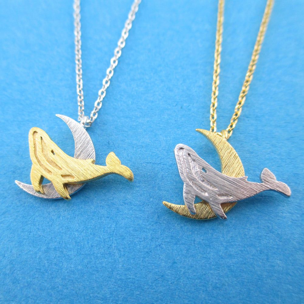 Majestic Humpback Whale on a Crescent Moon Shaped Pendant Necklace