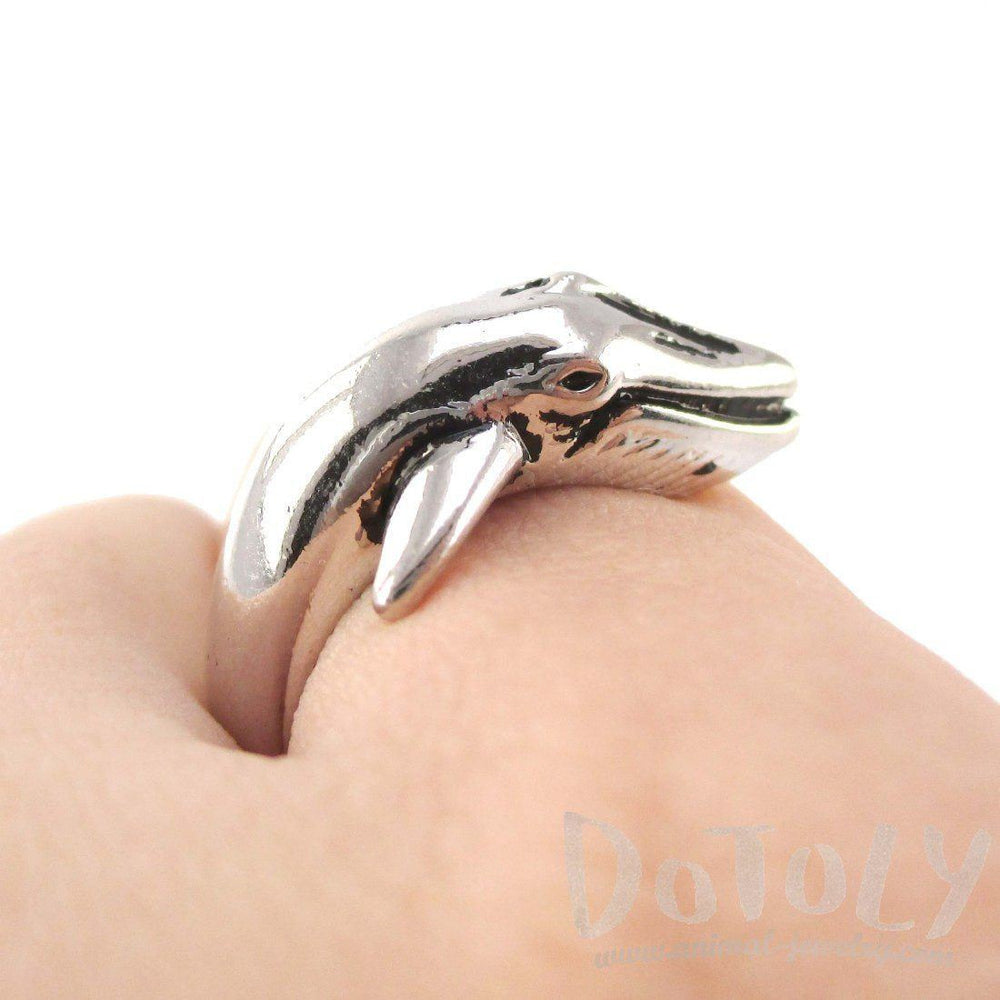 Humpback Whale Shaped Realistic Animal Wrap Ring in Shiny Silver | Size 3 to 8 | DOTOLY