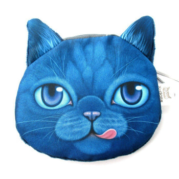 Hungry Kitty Cat Face Shaped Soft Fabric Zipper Coin Purse Make Up Bag in Dark Blue | DOTOLY