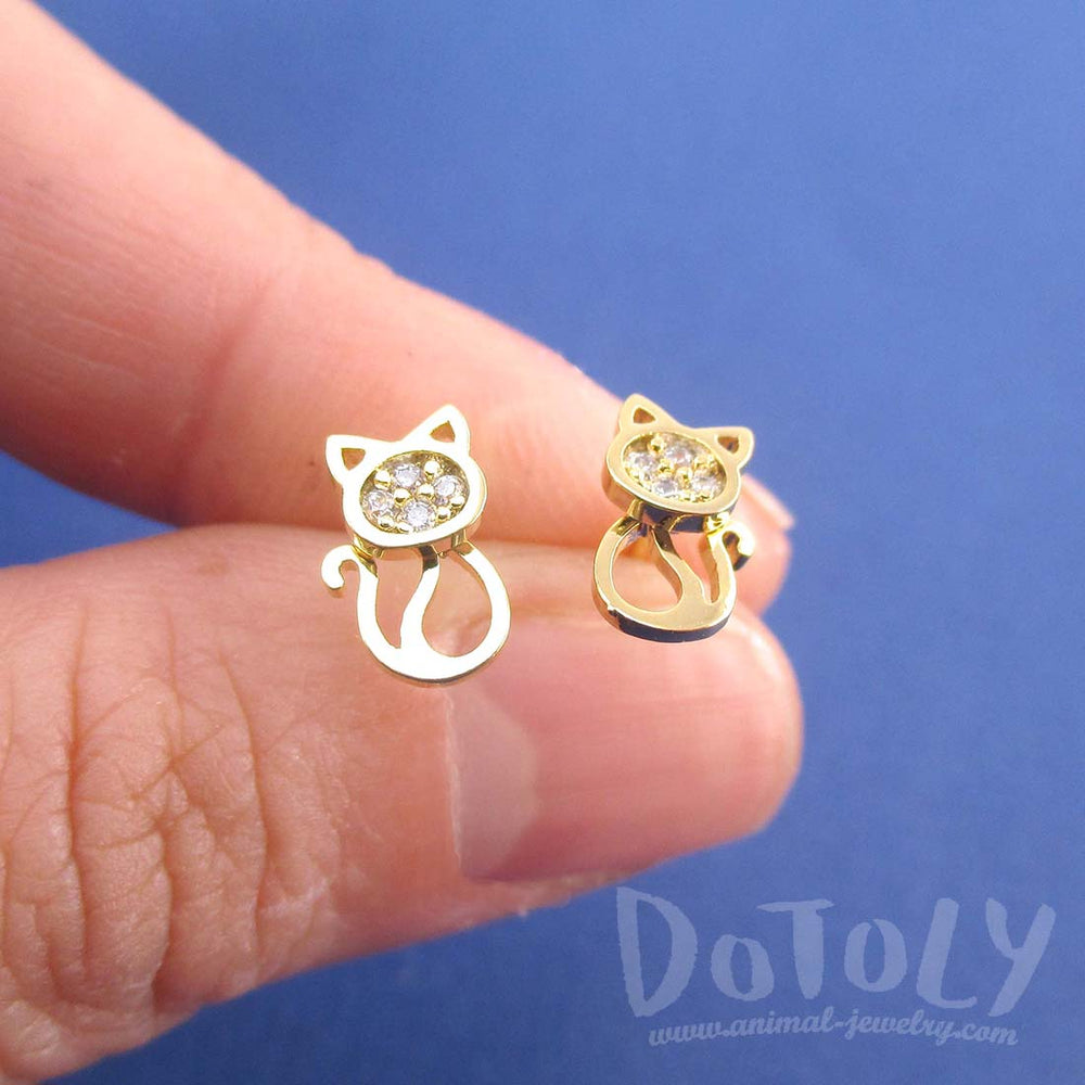I Love Cats Kitten Shaped Rhinestone Stud Earrings in Gold | DOTOLY