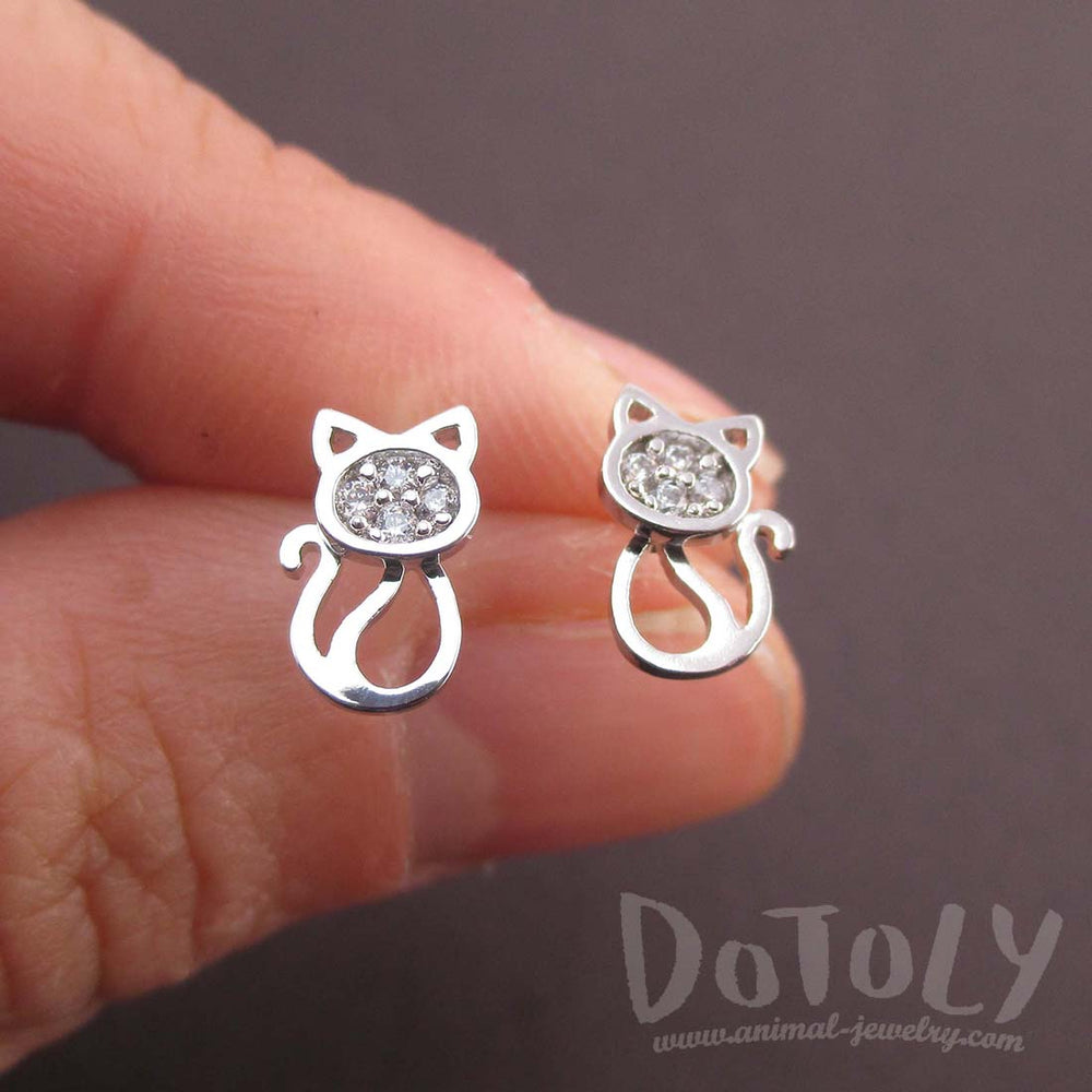 I Love Cats Kitten Shaped Rhinestone Stud Earrings in Silver | DOTOLY