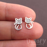 I Love Cats Kitten Shaped Rhinestone Stud Earrings in Silver | DOTOLY