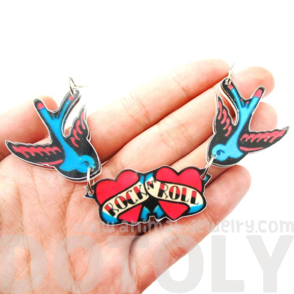 I Love Rock & Roll Sparrow Bird Shaped Tattoo Inspired Acrylic Pendant Necklace | DOTOLY