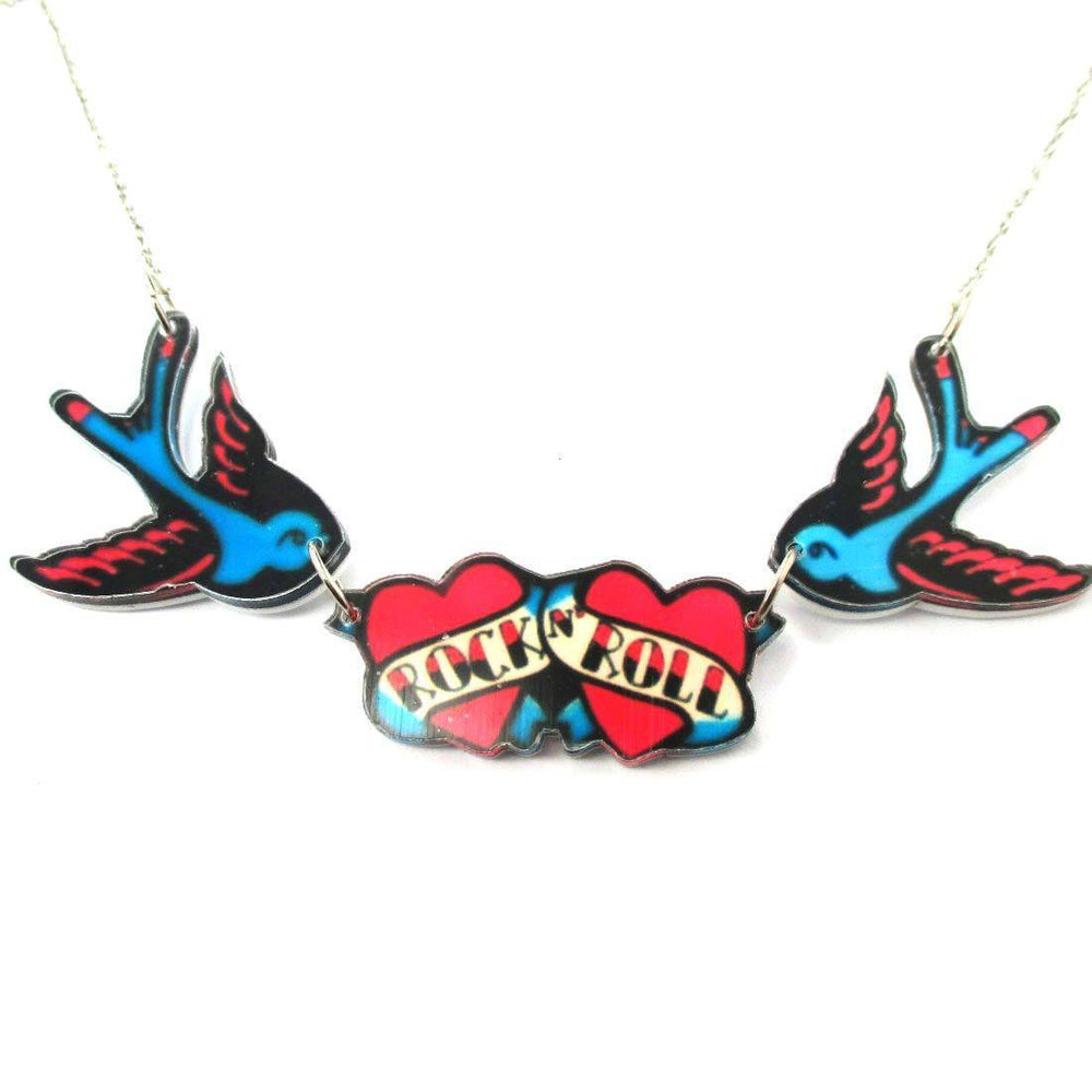 I Love Rock & Roll Sparrow Bird Shaped Tattoo Inspired Acrylic Pendant Necklace | DOTOLY